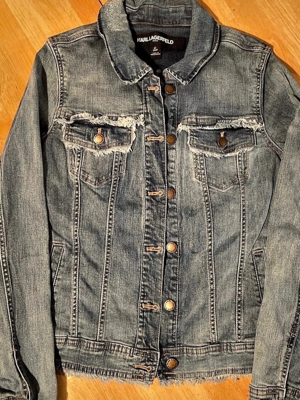 Karl Lagerfeld Distressed Denim Jacket in Blue Size Small